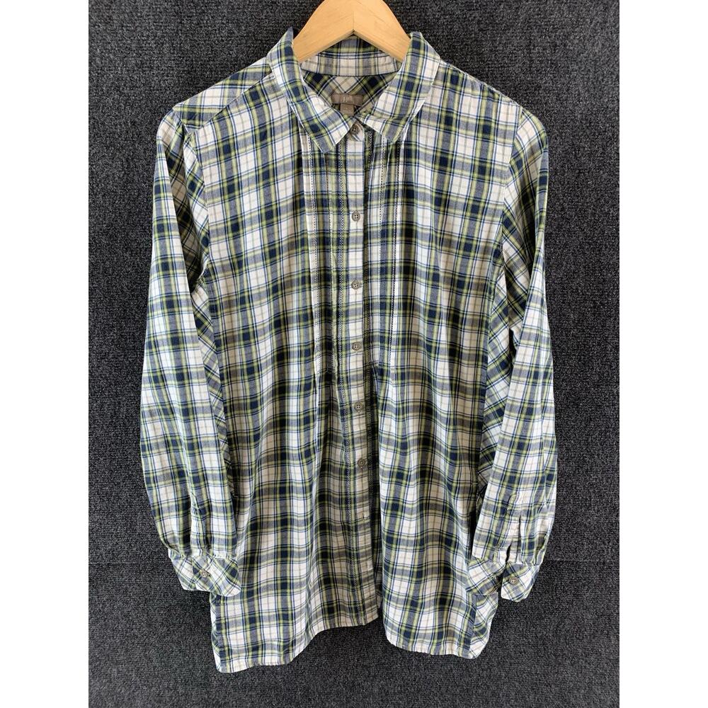 J. Jill Women’s Tunic Shirt Button Up Embroidered Pockets Plaid Green Size Large